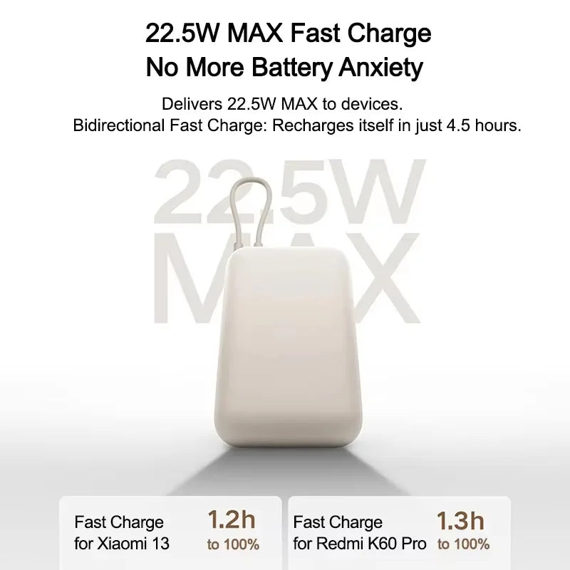 10000mAh Power Bank Super Fast Charging 22.5W With Built-in Data Cable Two-way Fast Charging For iPhone Samsung Redmi