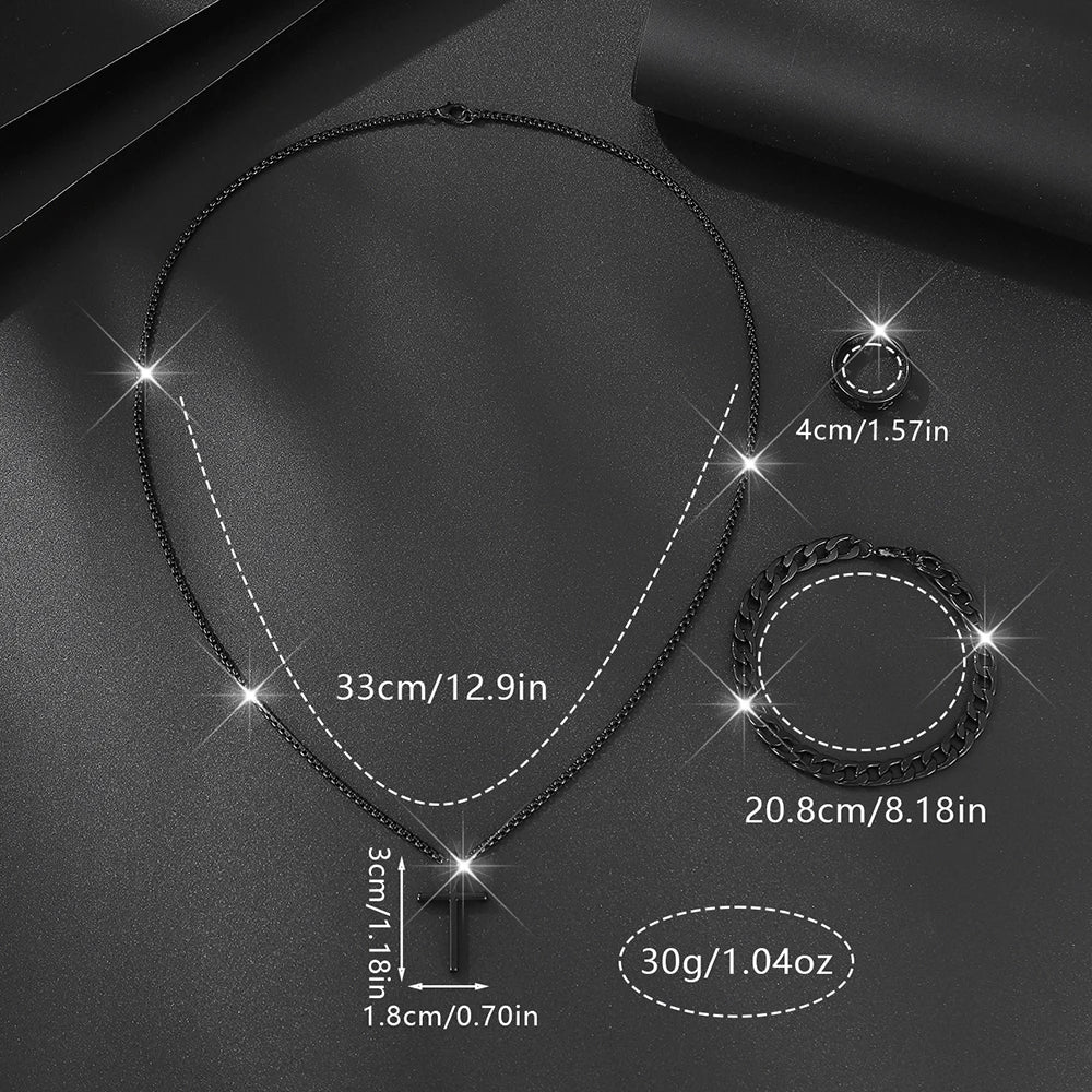 4PCS Men's Watch Set Business Versatile Simple Quartz Watch Bracelet Necklace Ring Set for Daily Clothing Matching