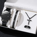 4PCS Men's Watch Set Business Versatile Simple Quartz Watch Bracelet Necklace Ring Set for Daily Clothing Matching