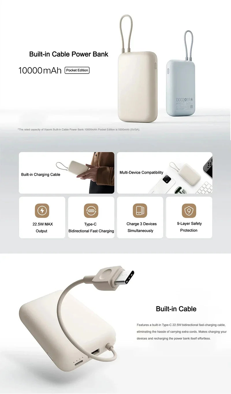 10000mAh Power Bank Super Fast Charging 22.5W With Built-in Data Cable Two-way Fast Charging For iPhone Samsung Redmi