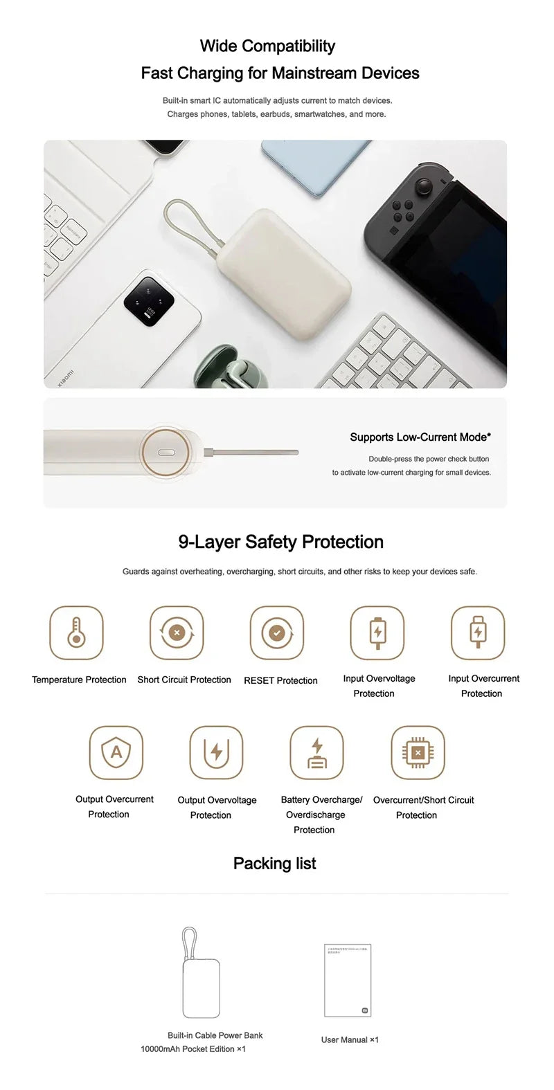 10000mAh Power Bank Super Fast Charging 22.5W With Built-in Data Cable Two-way Fast Charging For iPhone Samsung Redmi