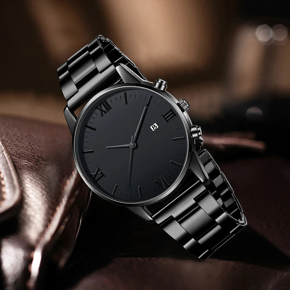 4PCS Men's Watch Set Business Versatile Simple Quartz Watch Bracelet Necklace Ring Set for Daily Clothing Matching