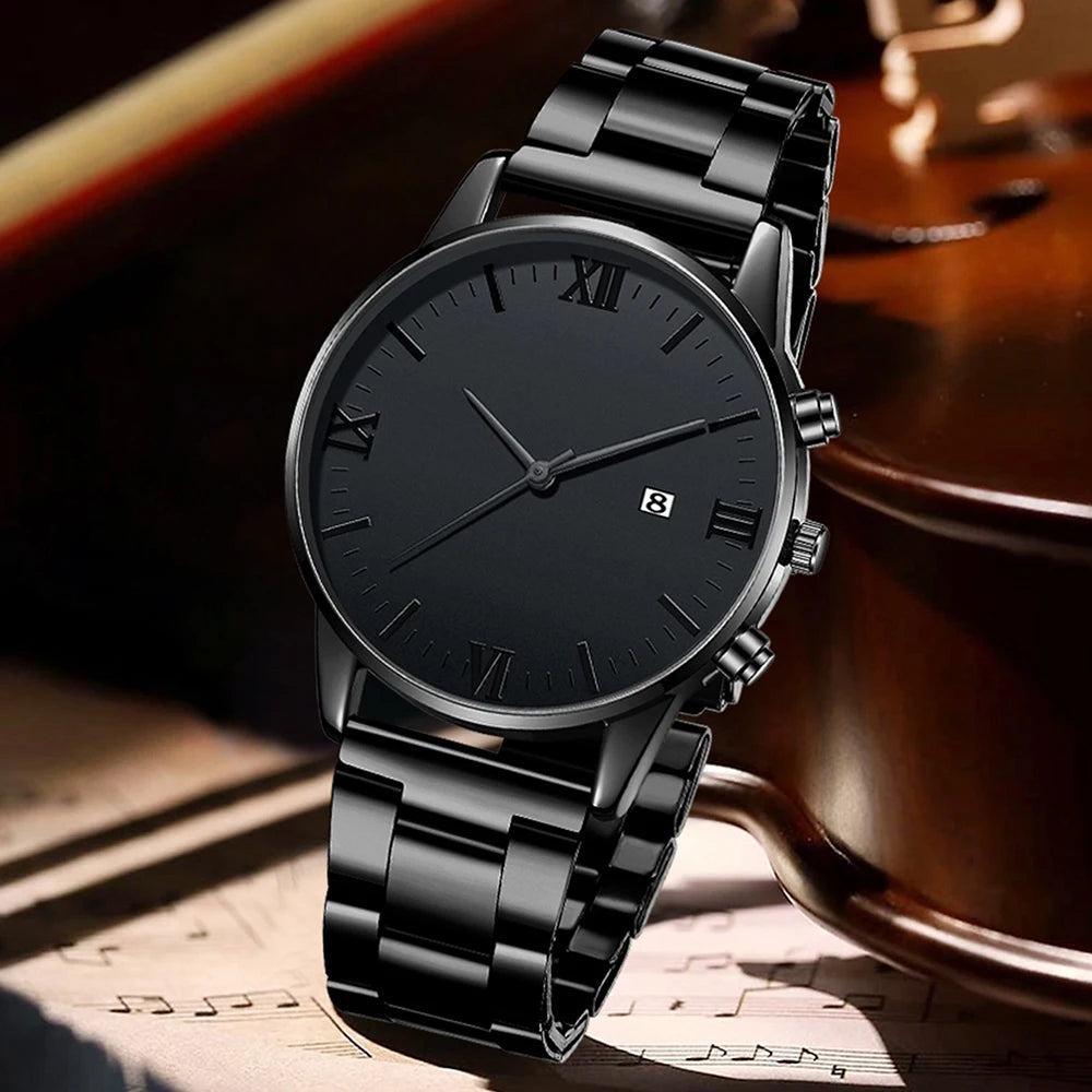 4PCS Men's Watch Set Business Versatile Simple Quartz Watch Bracelet Necklace Ring Set for Daily Clothing Matching