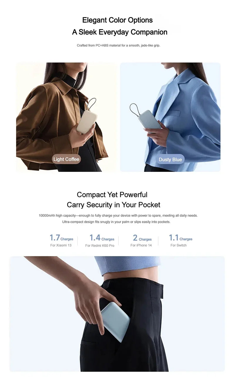 10000mAh Power Bank Super Fast Charging 22.5W With Built-in Data Cable Two-way Fast Charging For iPhone Samsung Redmi