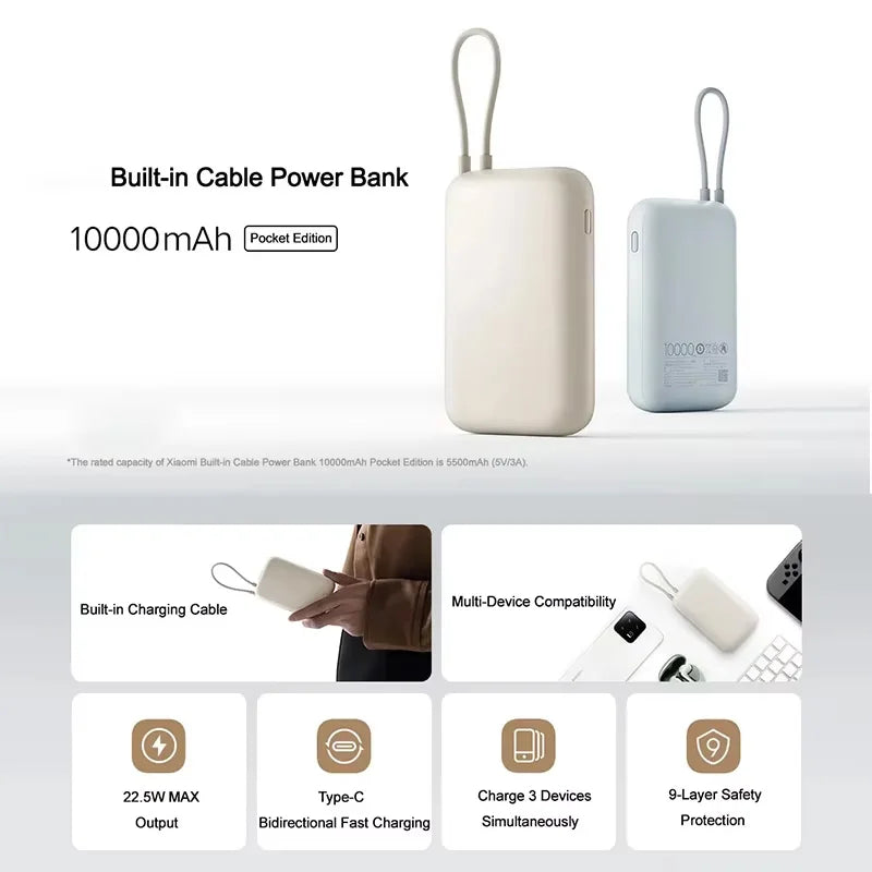 10000mAh Power Bank Super Fast Charging 22.5W With Built-in Data Cable Two-way Fast Charging For iPhone Samsung Redmi