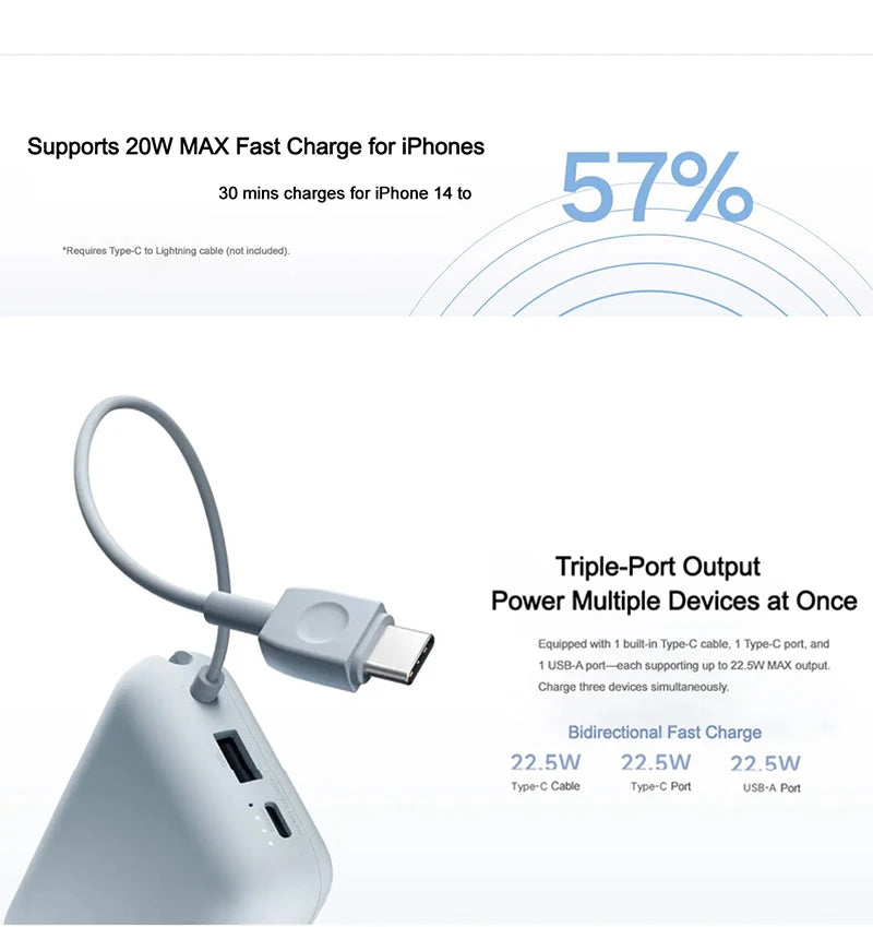 10000mAh Power Bank Super Fast Charging 22.5W With Built-in Data Cable Two-way Fast Charging For iPhone Samsung Redmi
