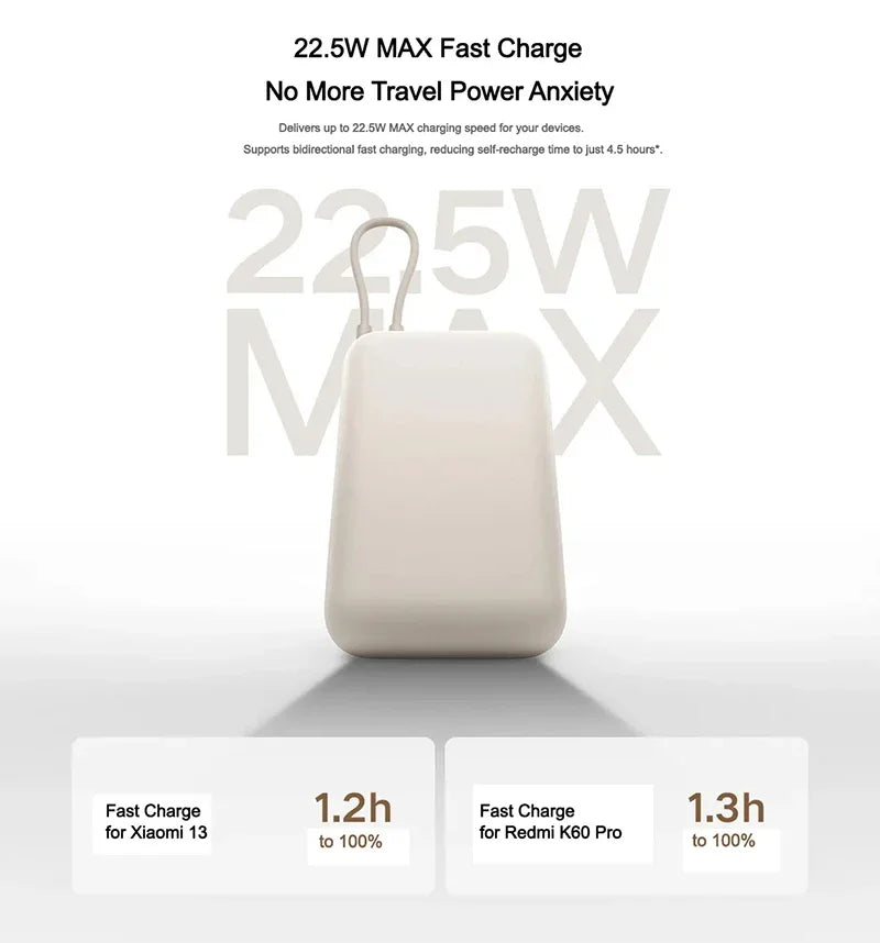10000mAh Power Bank Super Fast Charging 22.5W With Built-in Data Cable Two-way Fast Charging For iPhone Samsung Redmi