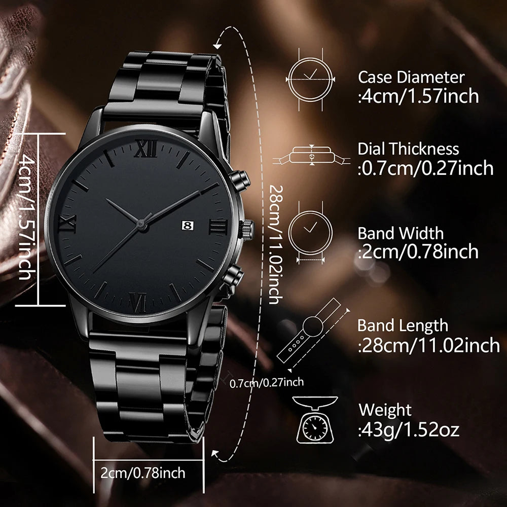4PCS Men's Watch Set Business Versatile Simple Quartz Watch Bracelet Necklace Ring Set for Daily Clothing Matching
