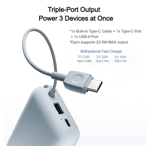 10000mAh Power Bank Super Fast Charging 22.5W With Built-in Data Cable Two-way Fast Charging For iPhone Samsung Redmi