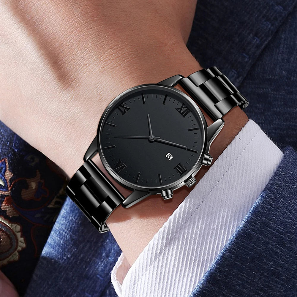 4PCS Men's Watch Set Business Versatile Simple Quartz Watch Bracelet Necklace Ring Set for Daily Clothing Matching